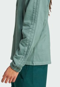 Ljusgrön sweatshirt med rund halsringning, diskret ribbning vid ärmsluten och dekorativ sömnad längs ärmarna. Delvis synlig logotypdetalj.