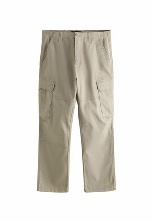 Beige cargo pants made of durable fabric, featuring two large side pockets and a straight-leg design with stitched detailing.