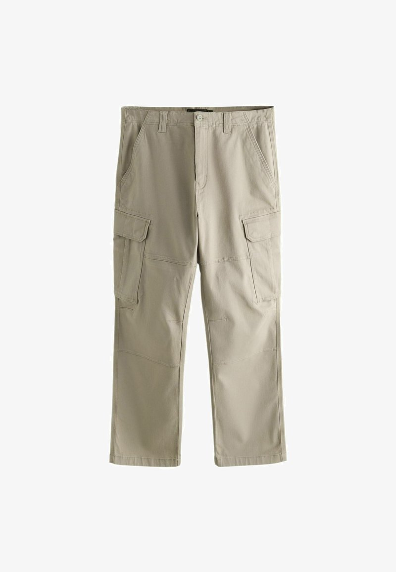 Beige cargo pants made of durable fabric, featuring two large side pockets and a straight-leg design with stitched detailing.