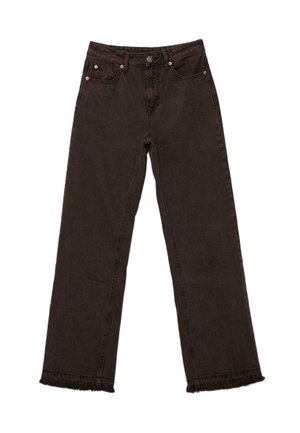 Jeans neri a gamba dritta con cinque tasche, chiusura con bottone e cerniera, e orli sfrangiati.