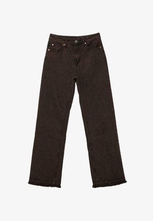 Schwarze Jeans mit geradem Bein, fünf Taschen, Knopf- und Reißverschluss sowie ausgefransten Säumen.