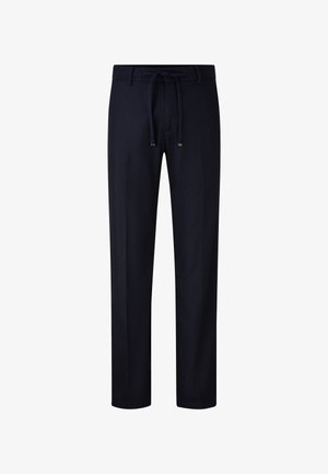 Marineblauwe, drawstring broek van zachte stof. Heeft een relaxed fit, rechte pijpen en minimale hardwareaccenten.