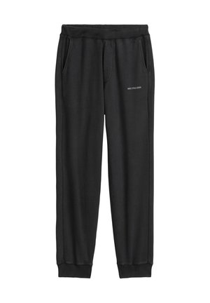 Zwarte trainingsbroek van zacht materiaal, met een elastische tailleband, zijzakken en een eenvoudig logo op de voorkant.