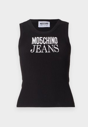 Zwart geribd tanktop met daarboven geborduurd "MO5CH1NO JEANS" in witte letters. Strak model met een ronde hals en zonder mouwen.