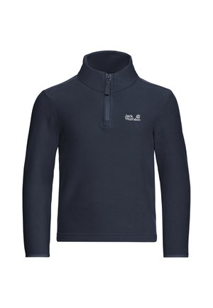 Marineblauwe fleece trui met lange mouwen, een kwart ritssluiting en een Jack Wolfskin-logo op de linkerborst.
