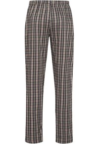 Geruite pyjamabroek met een elastische tailleband; kleuren zijn beige, marineblauw en groen. Gemaakt van zachte stof met een lichte textuur.