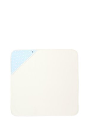 Serviette bébé crème avec une capuche bleue dans un coin, ornée de petits motifs animaux blancs et d'un logo de marque.