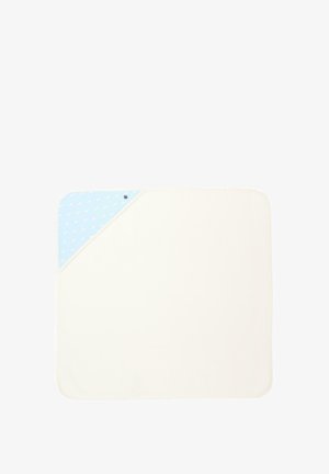 Asciugamano per neonati color crema con cappuccio angolare blu con piccoli motivi bianchi di animali e logo del marchio.