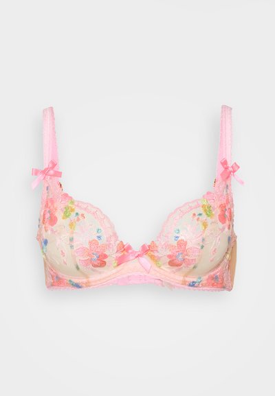 Lace bra in light pink with floral embroidery. Features sheer cups, scalloped edges, and small pink bows on straps. Smooth underband.