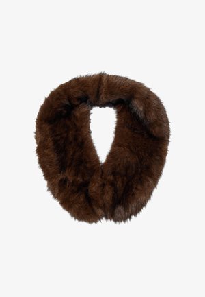 Brązowy kołnierz z futra syntetycznego o miękkiej, puszystej teksturze, z okrągłym wzorem i otwartym środkiem dla łatwego zakupu.