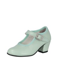 Zapato Mary Jane verde menta con punta redonda, un pequeño tacón de bloque y una correa ajustable con hebilla metálica. Acabado en cuero suave.