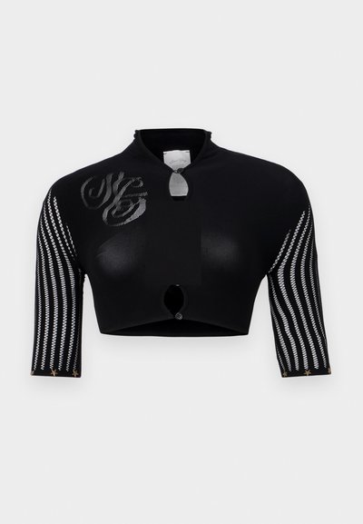 Black cropped top with a high collar, featuring mesh sleeves with vertical stripes, a central button closure, and decorative logo detailing.