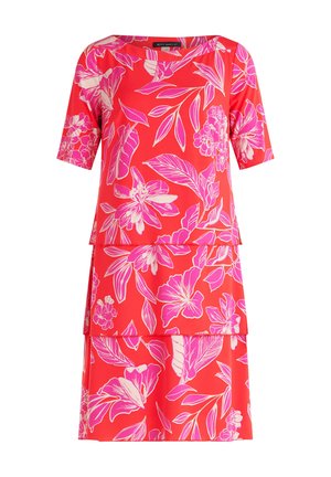 Red floral dress featuring short sleeves, a square neckline, layered design, and pink flowers with green leaves throughout.