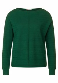 Grüner gestreifter Pullover mit rundem Ausschnitt, langen Ärmeln und weichem Strickmaterial. Verfügt über ein durchgehendes horizontales Streifenmuster.