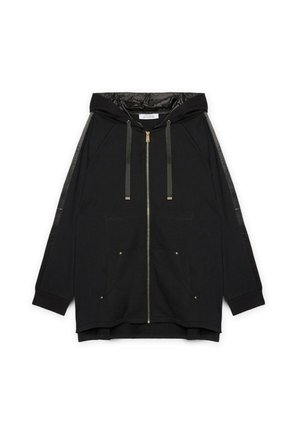 Schwarze Kapuzenjacke mit Reißverschluss, zwei Vordertaschen und metallischen Hardware-Akzenten. Verfügt über kontrastierende Seitenpaneele und einen entspannten Schnitt.