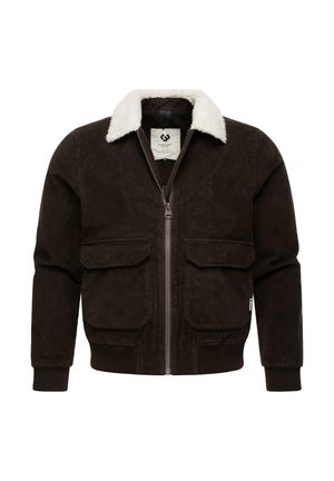 Chaqueta de pana marrón con cuello de borreguillo blanco, cremallera frontal y dos grandes bolsillos de parche. Detalles de puños y dobladillo acanalados.