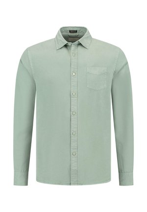 Lys grøn langærmet skjorte med knaplukning i blødt stof. Har en spidse krave, brystlomme og matchende knapper langs knaplisten.