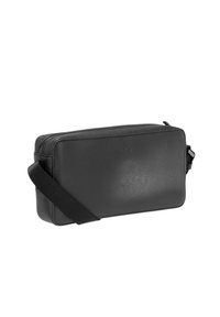 Svart läderväska med strukturerad yta, dragkedja och justerbar rem. Rektangulär form med minimalistisk design och utan synliga beslag.