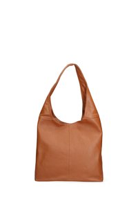 Borsa hobo in pelle marrone chiaro con tracolla curva, texture liscia e un design minimalista caratterizzato da dettagli di cucitura sottili.