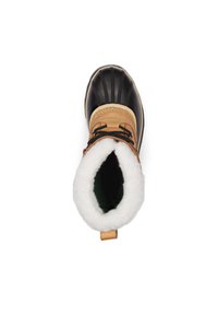 Stivale impermeabile marrone e nero con suola in gomma texturizzata, chiusura con lacci e rivestimento in pile bianco all'apertura della caviglia.