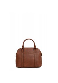 Borsa a mano in pelle marrone con forma arrotondata, doppio manico superiore, tasca frontale e rifiniture in oro. Superficie texturizzata con accenti minimi.