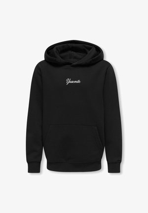Črna kapuca z kenguru žepom, s kapuco na vrvico in vezenim napisom "Yosemite" v beli barvi. Mehka tkanina in opečdene rokave.