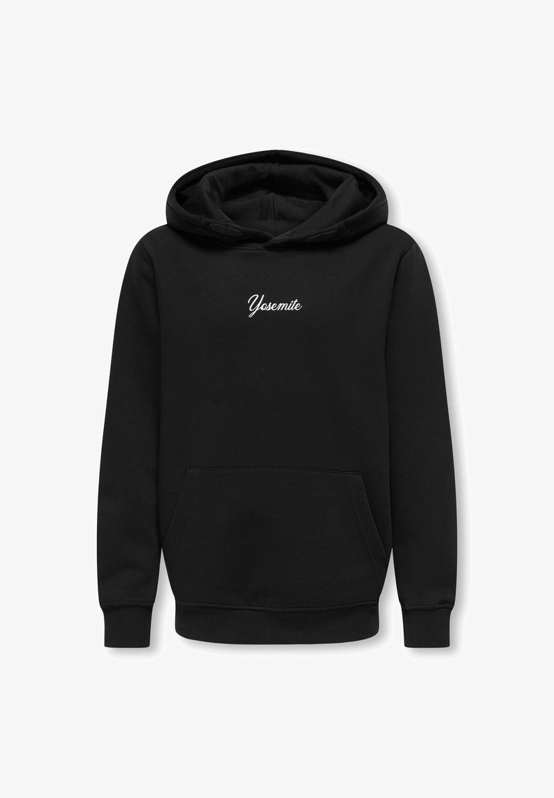 Sort hættetrøje med kengurulomme, snøre i hætten og broderet "Yosemite" tekst i hvid. Blødt materiale og manchetter ved ærmerne.