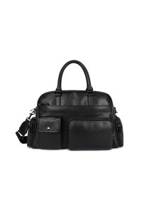 Borsa in pelle nera con doppio manico, tracolla rimovibile, molteplici tasche con zip e una superficie liscia, dotata di una tasca con patta sul davanti.