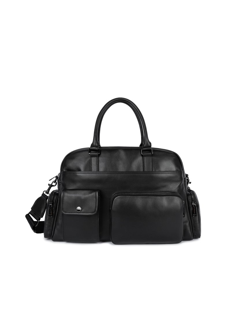 Borsa in pelle nera con doppio manico, tracolla rimovibile, molteplici tasche con zip e una superficie liscia, dotata di una tasca con patta sul davanti.