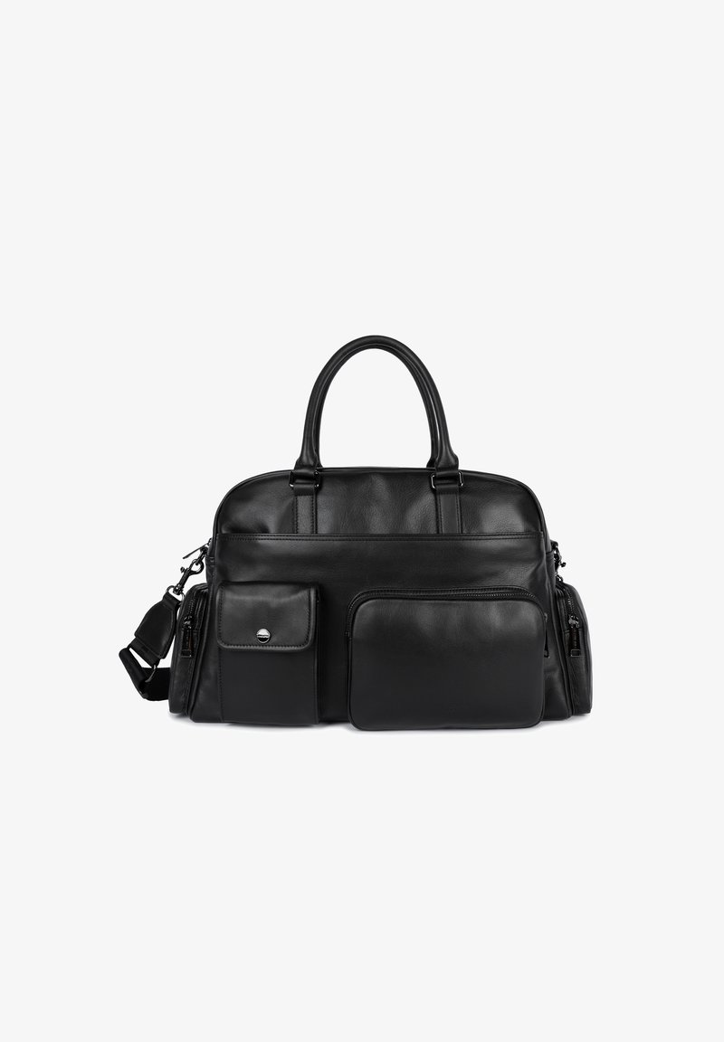 Borsa in pelle nera con doppio manico, tracolla rimovibile, molteplici tasche con zip e una superficie liscia, dotata di una tasca con patta sul davanti.
