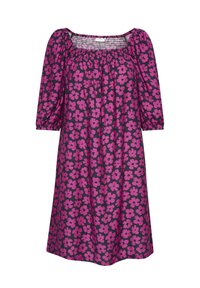 Lila Kleid mit großem pinkfarbenem Blumenmuster, quadratischem Ausschnitt und dreiviertel Puffärmeln. Der Stoff hat eine glatte Textur.