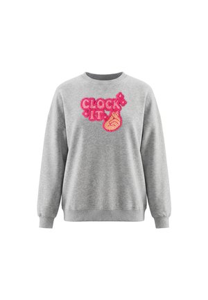 Lysegrå sweatshirt med pink og orange broderet tekst "CLOCK IT" og en hånd, der peger opad på forsiden.