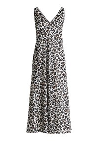 Maxikleid mit Leopardenmuster, V-Ausschnitt, Spaghettiträgern, fließender Silhouette, samtiger Stoff und einer Farbgebung in Beige, Braun und Schwarz.