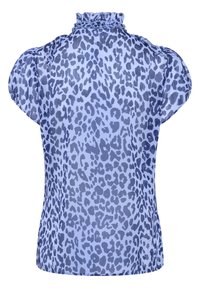 Top azzurro chiaro con stampa leopardata in blu scuro. Presenta un colletto arricciato e maniche corte a sbuffo. Realizzato in materiale trasparente.
