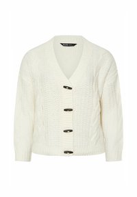 Vit stickad cardigan med långa ärmar, V-ringning, kabelmönster och fyra svarta snörknappar framtill.