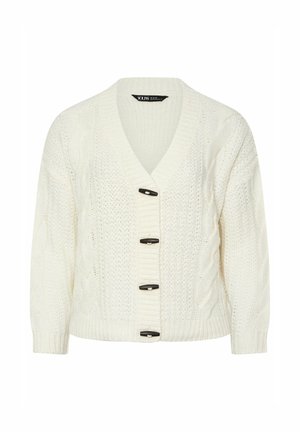 Cardigan bianco lavorato a maglia con maniche lunghe, scollatura a V, modelli a cavo e quattro bottoni neri a toggles sulla parte anteriore.