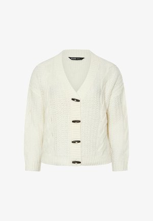 Hvid strikket cardigan med lange ærmer, V-hals, kabelmønstre og fire sorte toggleknapper ned langs fronten.