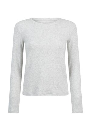 Ljusgrå långärmad t-shirt i mjukt, texturerat tyg. Har rund halsringning och rak nederkant, utan synliga mönster eller detaljer.