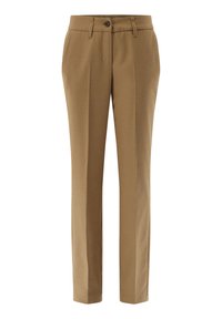 Braune Hose aus glattem Stoff, mit gerade geschnittenem Bein, einem einzigen Knopfverschluss und sauberen Vorderfalten.