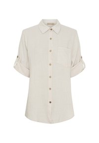 Lys beige linned skjorte med knaplukning foran, korte opsmøgede ærmer, brystlomme og rund søm. Holdbare knapper fremhæver lukningen.