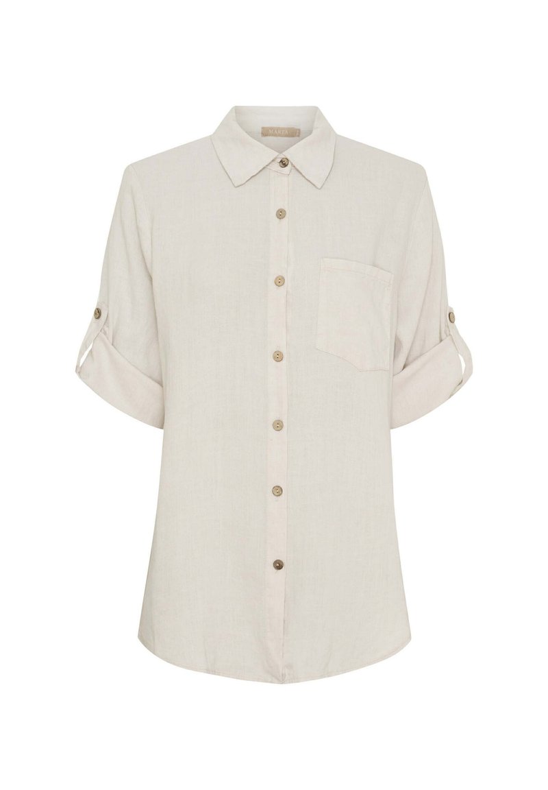 Lys beige linned skjorte med knaplukning foran, korte opsmøgede ærmer, brystlomme og rund søm. Holdbare knapper fremhæver lukningen.