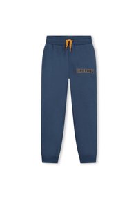 Pantalons de jogging bleu marine avec taille élastique, cordon de serrage moutarde, poches latérales, poignets côtelés et logo "Timberland" en orange sur la cuisse gauche.