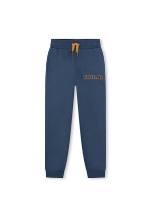 Navy blauwe joggingbroek met elastische tailleband, mosterdkleurige trekkoorden, zijzakken, geribbelde boorden en het "Timberland" logo in oranje op de linkerdij.