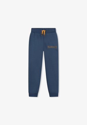 Navy blauwe joggingbroek met elastische tailleband, mosterdkleurige trekkoorden, zijzakken, geribbelde boorden en het "Timberland" logo in oranje op de linkerdij.