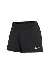 Schwarze Sportshorts aus leichtem Material, mit einem elastischen Bund und einem weißen Nike-Logo auf der unteren linken Seite.