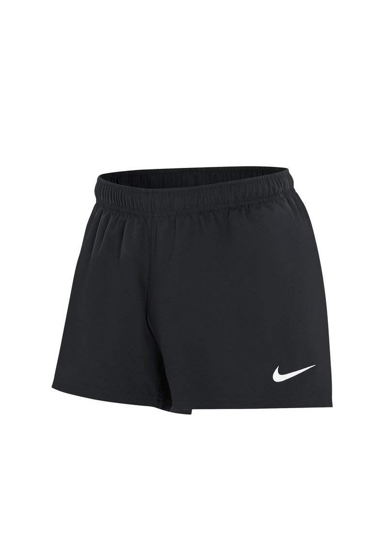 Schwarze Sportshorts aus leichtem Material, mit einem elastischen Bund und einem weißen Nike-Logo auf der unteren linken Seite.