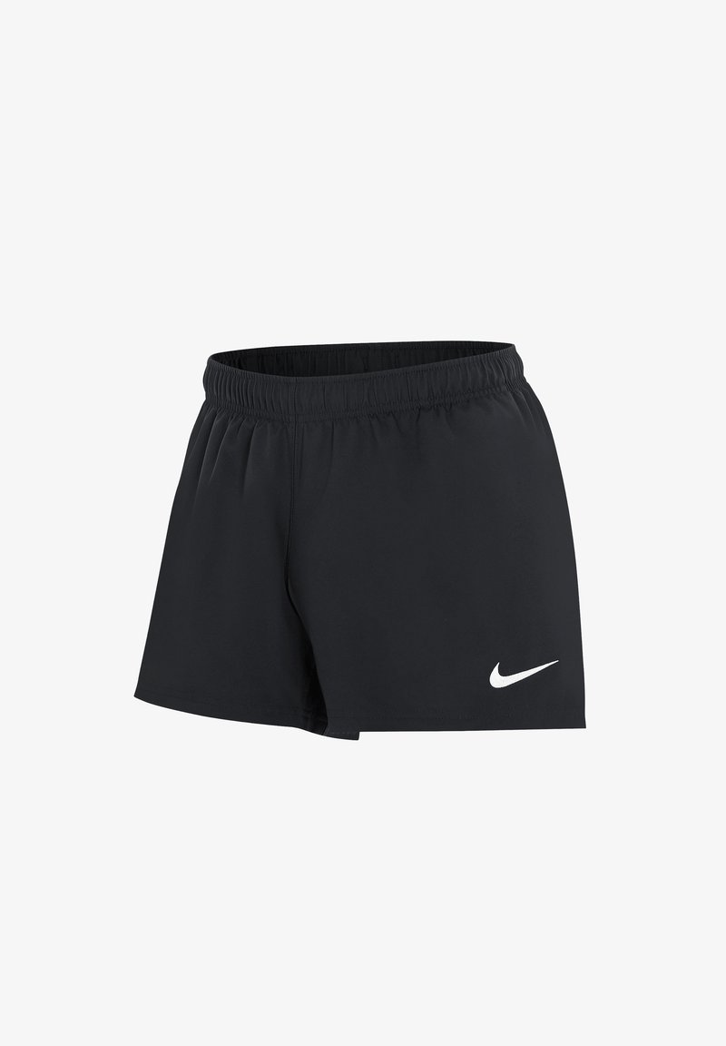 Schwarze Sportshorts aus leichtem Material, mit einem elastischen Bund und einem weißen Nike-Logo auf der unteren linken Seite.