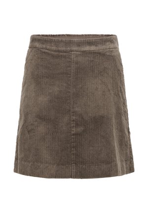 Jupe en velours côtelé marron, forme A-line, tissu texturé avec des côtes verticales, et taille mi-haute. Pas de fermetures visibles ni de poches.