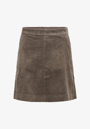 Brown corduroy skirt, A-line shape, textured fabric with vertical ribbing, and a mid-rise waist. No visible fastenings or pockets.