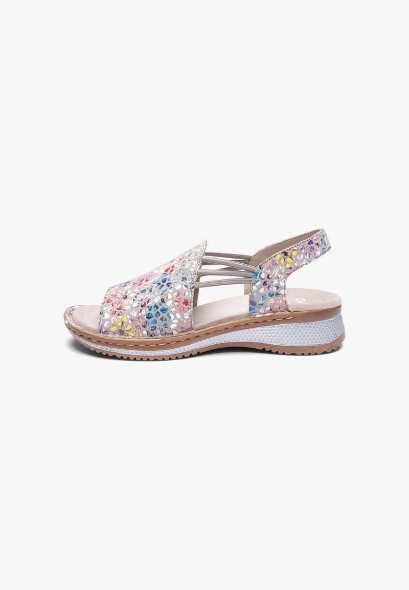 Women's multicolor floral cut-out slingback sandal with low wedge heel and elastic straps on white sole.